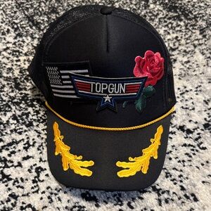 Top Gun Black Trucker Hat with Rose and Yellow Embroidery